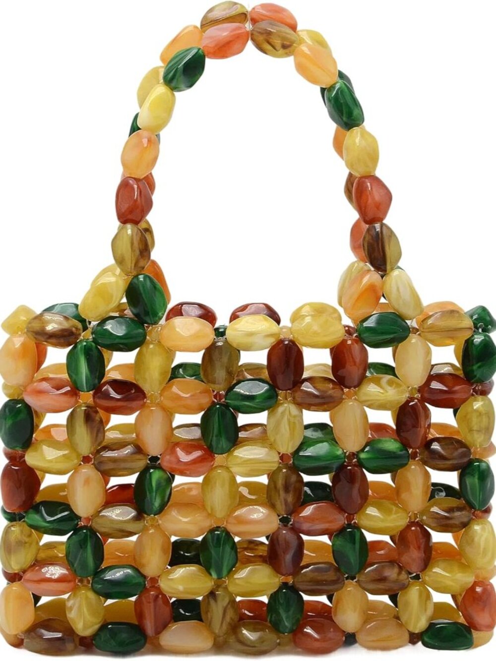 Women Multicolor Stone look Acrylic Beaded Handbag Handmade Woven Tote Bag Vinta